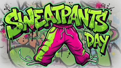 Celebrate Sweatpants Day with vibrant graffiti art, perfect for urban style designs and playful apparel promotions, offering a bold statement with a touch of casual fun