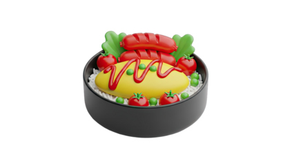 3D Rendered Bowl of Omurice with Grilled Sausages Topped with Ketchup and Garnished with Peas and Cherry Tomatoes on a Black Transparent Background
