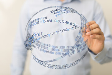 Close-up of a man's hand interacting with a digital data globe. Concept of internet, technology, data transfer, communication, and di