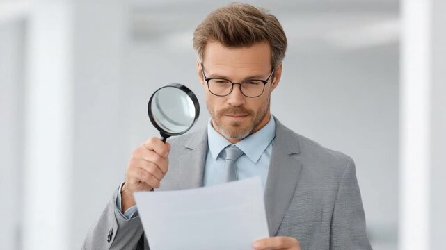 Businessman Analyzing Document with Magnifying Glass in Modern Office Environment 4k video footage