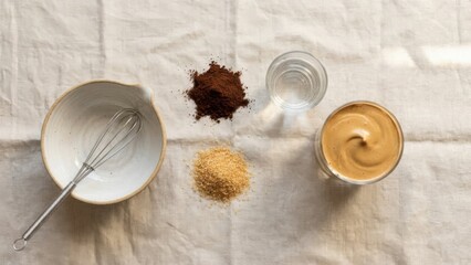 Aesthetic flat lay of dalgona coffee preparation mixing bowl, whisk, sugar crystals, coffee powder, minimalist arrangement on linen cloth, natural light photography 2