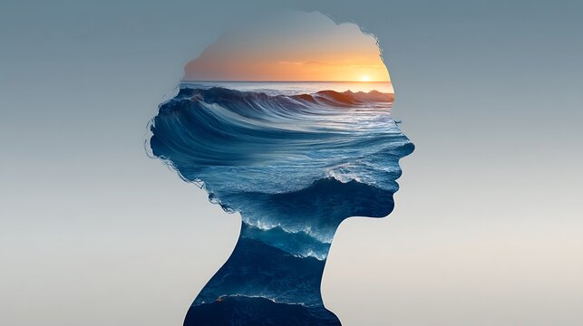head silhouette filled with still ocean waves under sunrise, concept of inner calm and clarity, minimalist emotional tone,  - Powered by Adobe