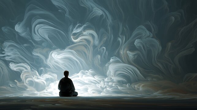 person sitting peacefully in the middle of swirling chaos slowly fading away, symbol of calm mind after anxiety, cinematic fine art, 
