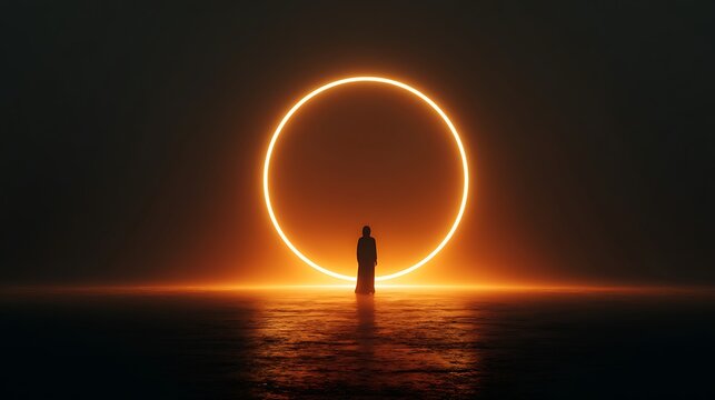 a person standing in center of glowing circle surrounded by darkness, metaphor for inner peace and self-awareness, 