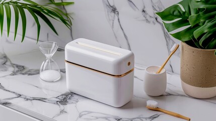 A sleek, modern floss dispenser is open, with a perfect segment of floss pulled out and ready