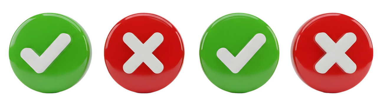 Four 3D Green Check and Red X Buttons PNG Transparent
