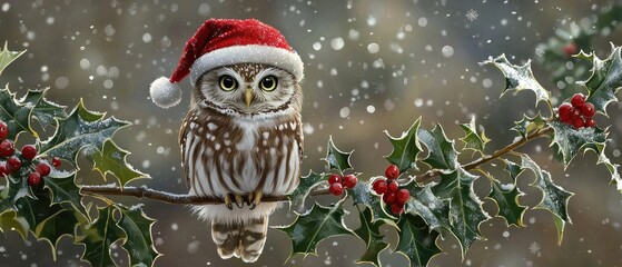 Cute owl wearing a Santa hat perched on a holly branch during a snowy Christmas scene