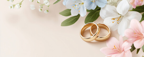 Wedding rings on soft pastel background with floral elements creating a romantic composition for invitations, announcements, banners and celebration designs