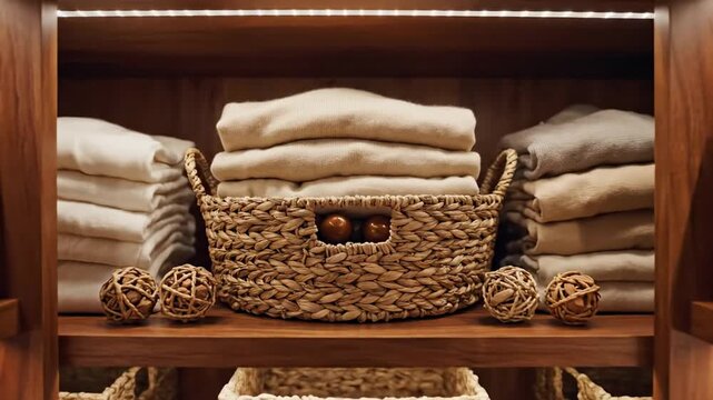 Cozy, pantry-like closet featuring woven baskets, stacked towels, and warm shelf lighting. cozy vibe