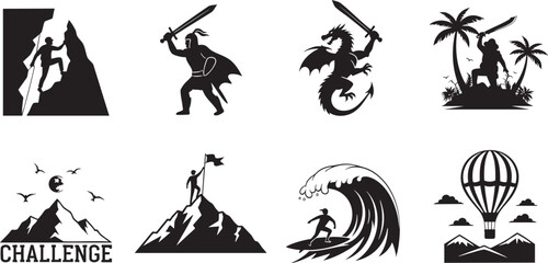 Set of black silhouette icons representing challenge and adventure