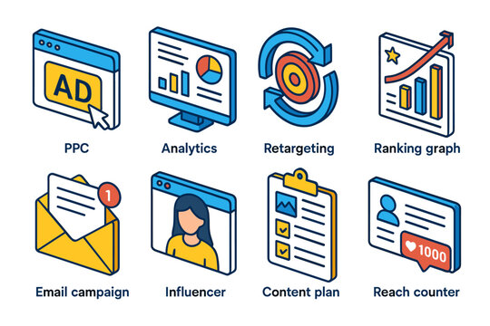 Digital marketing flat isometric icons set