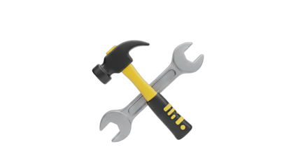 3D Rendered Crossed Hammer and Wrench Tool Icon on Transparent Background Perfect for Construction and Repair Concepts