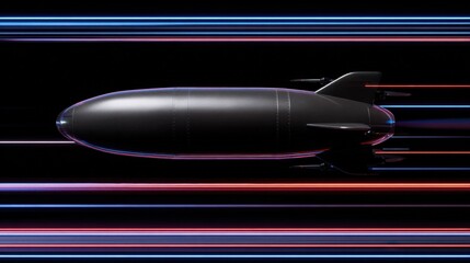 Matte black bullet shaped rocket drone in motion against a dark background