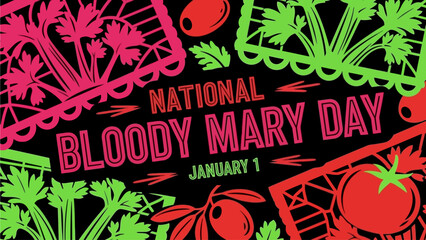 Celebrate National Bloody Mary Day January 1st with vibrant red and green celery and tomato illustrations - perfect for brunch invitations and festive cocktail promotions