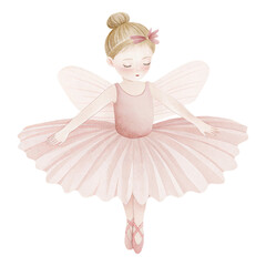 Delicate watercolor fairy ballerina illustration in soft pastel pink with elegant wings and flowing tutu © ThemeRage