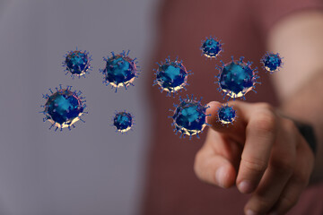 3D render illustration of viruses moving towards a human finger, representing the concept of the coronavirus t