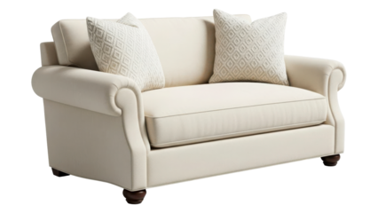Neutral loveseat with pillows isolated on transparent background