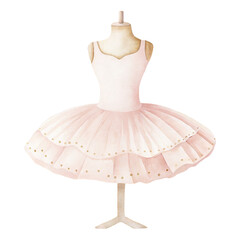 Watercolor ballet dress illustration on mannequin in soft pastel pink with elegant layered tutu and delicate gold details © ThemeRage