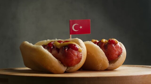 Close up of hot dog with Turkish flag, frame emphasizes halal sausage production and local Turkish bakery for buns.