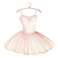 Watercolor ballet dress illustration on hanger in soft pastel pink with gold dotted trim and delicate strap details © ThemeRage
