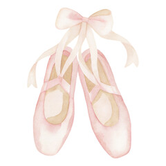Charming watercolor ballet slippers illustration in soft pastel pink with delicate ribbon bow and elegant details © ThemeRage