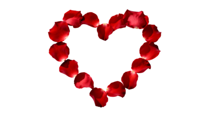 A passionate, vibrant red heart shape is carefully formed by delicate rose petals, isolated in a clean close-up shot against a bright white background.