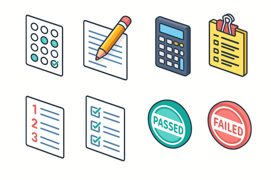 Exams and assessments isometric icons set