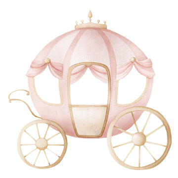 Whimsical watercolor princess carriage illustration in soft pastel pink with golden accents and delicate fairytale details