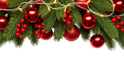 Festive christmas garland with red ornaments and berries on transparent background