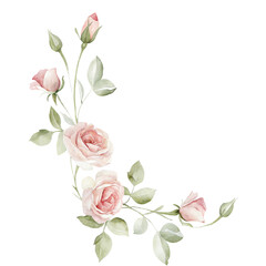 Elegant watercolor rose corner arrangement with soft pink blooms and delicate green foliage accents
