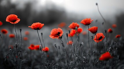 Obraz premium Vibrant red poppies stand out in a black and white field during spring, showcasing nature's unique beauty and contrast in a serene landscape