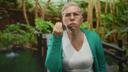 Woman making pinched fingers gesture with exposed hand and visible chest on a wooden bridge in forest setting; assertion demand.
