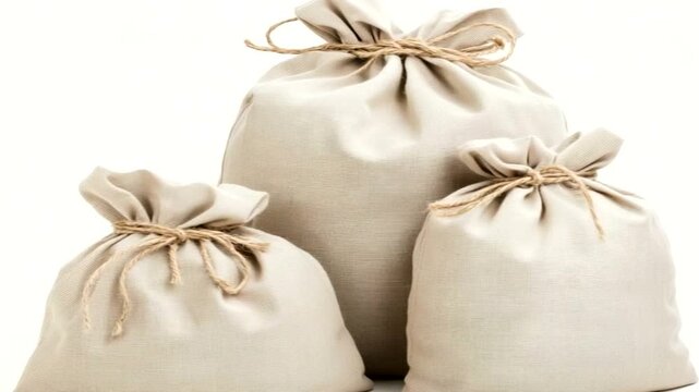 Three beige cloth bags with drawstrings on white background, simple still life