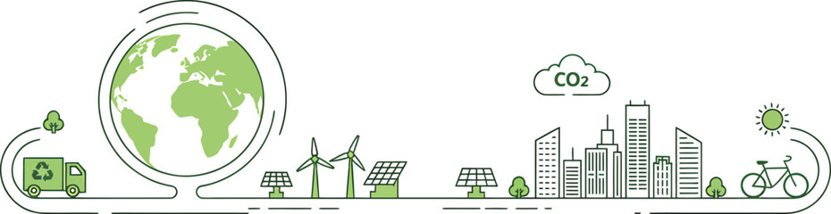 Obraz premium Green earth with sustainable cityscape and renewable energy sources illustration