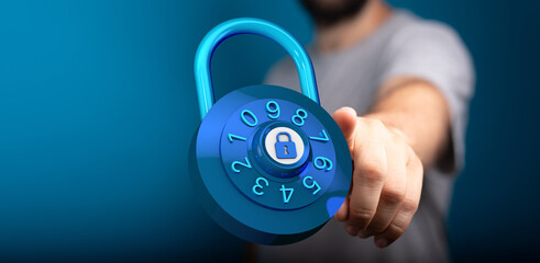 A person offering a digital padlock symbol, representing security, protection, and data privacy. The image conv
