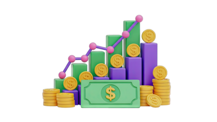 3D Rendered Financial Growth Chart with Stacks of Gold Coins and Dollar Bills on a Transparent Background