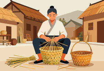 Person crafting a woven bamboo basket in a rustic village setting