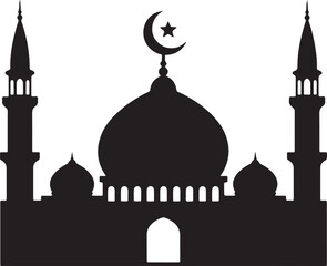 Iconic Mosque Silhouette Vector Illustration - Minimalist Black Islamic Architecture Design with Minarets, Dome, and Crescent Star Symbol for Religion, Culture, and Holy Day Graphics
