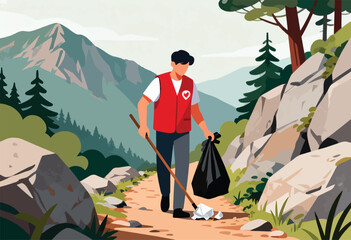 Man cleans mountain trail in red vest, collecting trash in bag