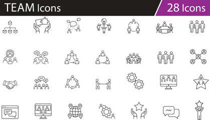 Teamwork and collaboration icon set, communication, organization, problem-solving, achievement, global connection, virtual meetings, structure, planning, vector illustration for business, HR