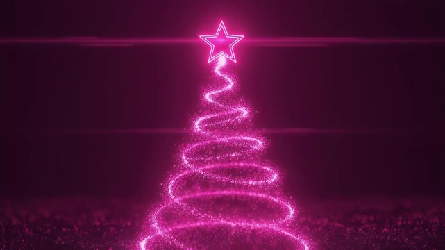 Glowing neon magenta Christmas tree sparkling with beautiful light particles and festive energy topped with a brilliant outline star