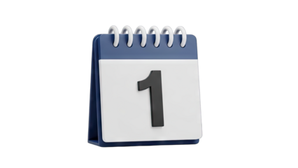 3D Rendered Icon of a Desk Calendar Showing the Number 1 on a White Page with a Blue Spiral Binding and a Transparent Background