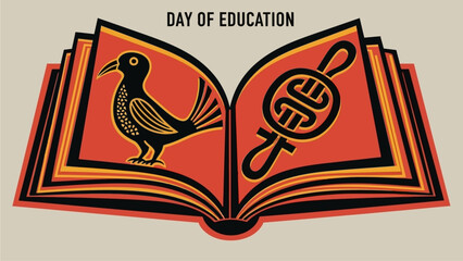 Celebrate Day of Education with this stunning open book graphic featuring a stylized bird and symbolic design, perfect for schools, educational programs, and community events