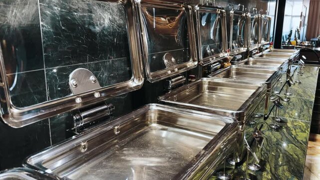 Row of empty stainless steel buffet containers in a modern restaurant self service kitchen setting