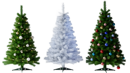 Three christmas trees with different ornaments and colors on display isolated on transparent background