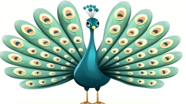 A vibrant cartoon peacock standing proudly with its colorful tail feathers fanned out in a circular motion on a plain