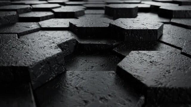 Dark abstract background texture of rough, raised hexagonal tile pattern with dramatic lighting
