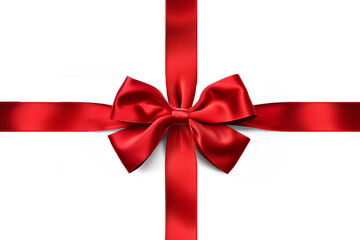 Red bow made from crossed red satin ribbon isolated on transparent background.