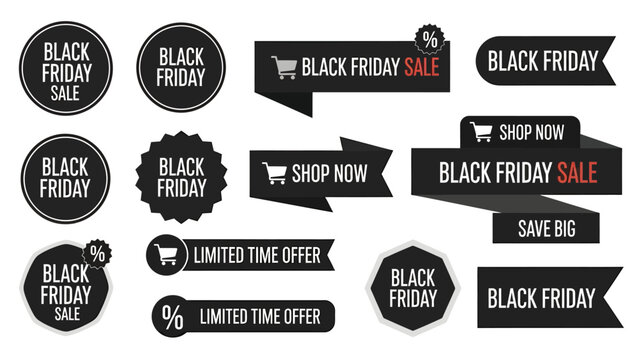 A collection of black and white Black Friday sale and limited time offer labels, banners, and badges with shopping cart icons.