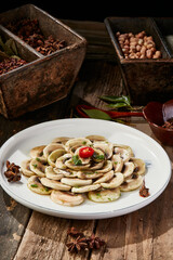 Chive blossom sauce with Zhangyuan mushrooms